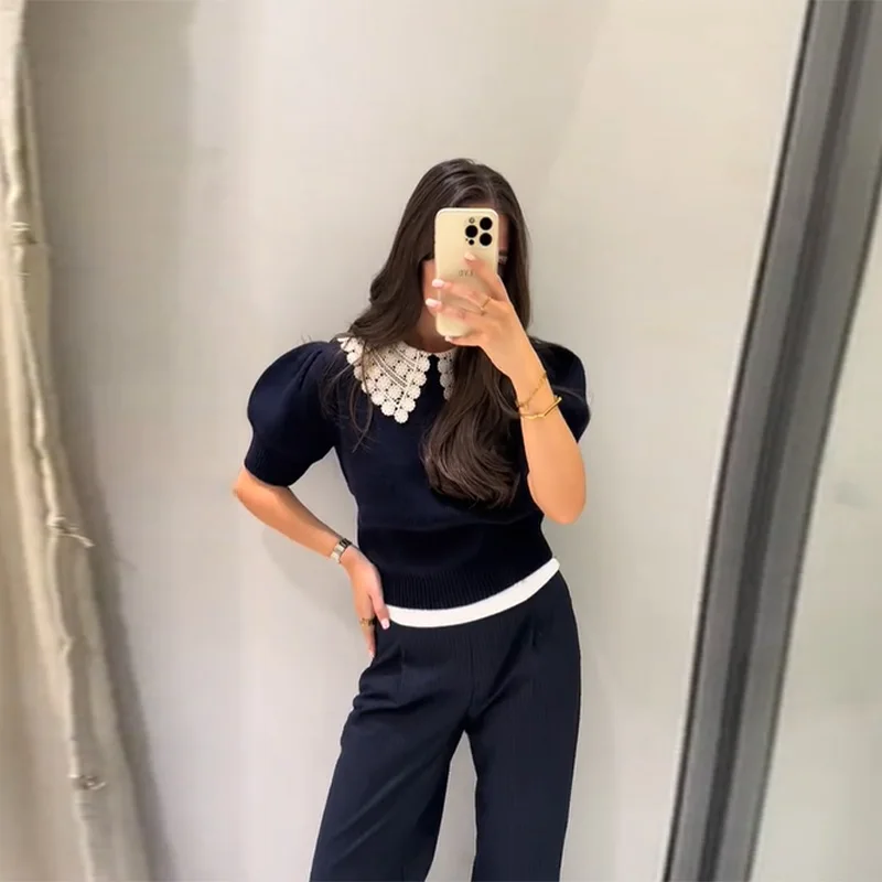 Casual Navy Blue Women's Knitted Top Doll Collar Short Sleeve Pullover 2025 New Slim Cropped Knitwears Fashion Autumn Lady Tops
