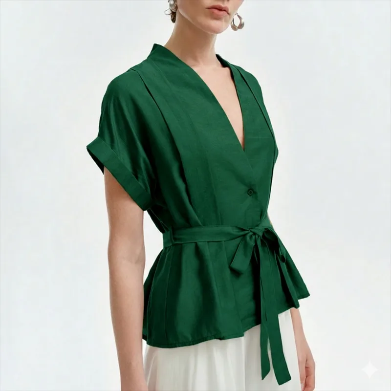 

UOOZEE 2026 New Summer Tie Waist Pleated Tops For Women Short Sleeves Deep V-Neck Loose Fit Office Ladies Commute Blouses