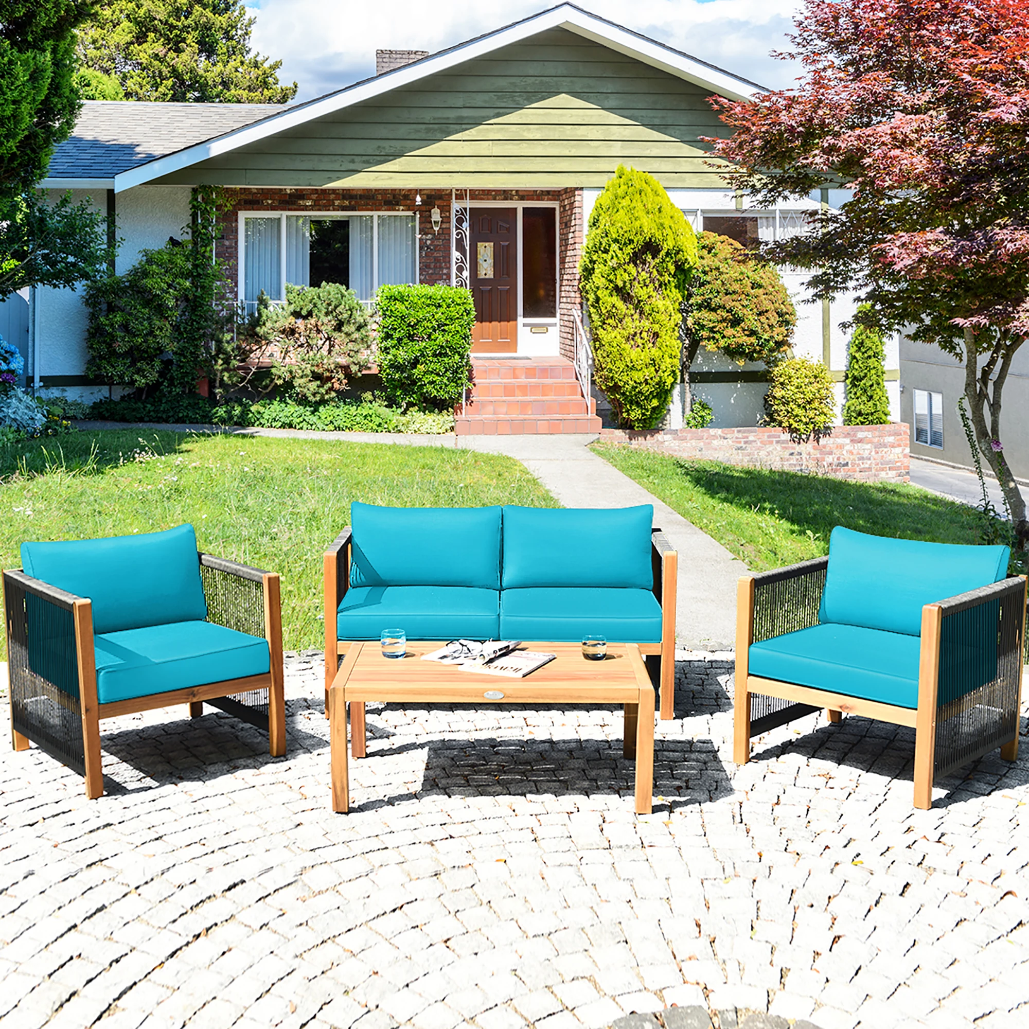 4PCS Wooden Patio Furniture Set CUS01hioned Sofa W/Rope Armrest Turquoise