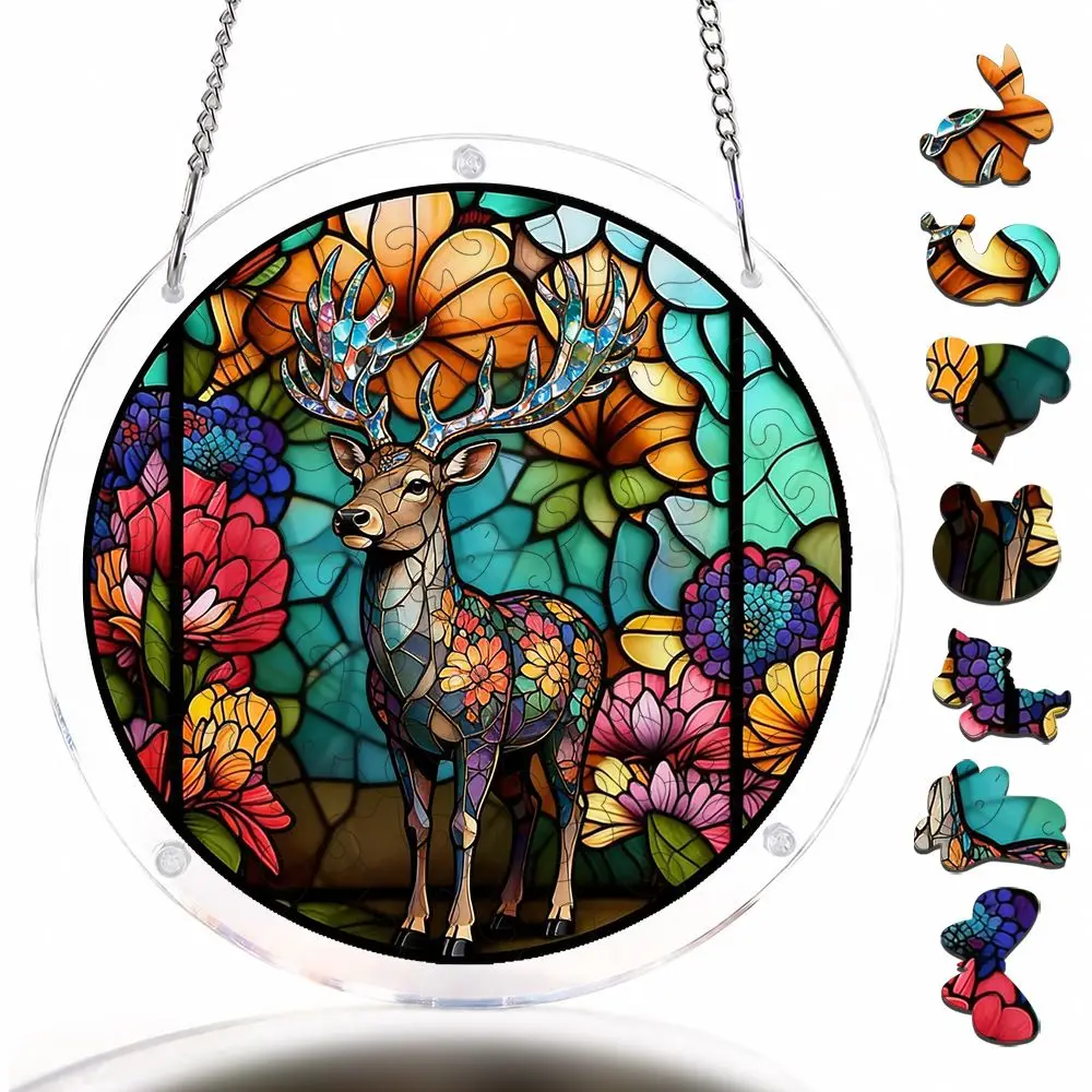 Stained Glass Deer And Floral Pattern Acrylic Puzzle Garden Suncatcher, 57 Pieces Acrylic Jigsaw Puzzle Ornaments