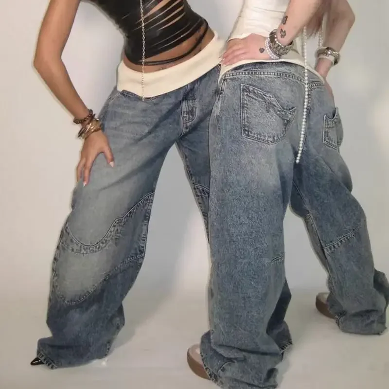 

Gothic Retro Hip-Hop Fashion Spliced Blue Jeans Men And Women Streetwear Y2k American Low Waist Oversize Loose Wide-Leg Jeans