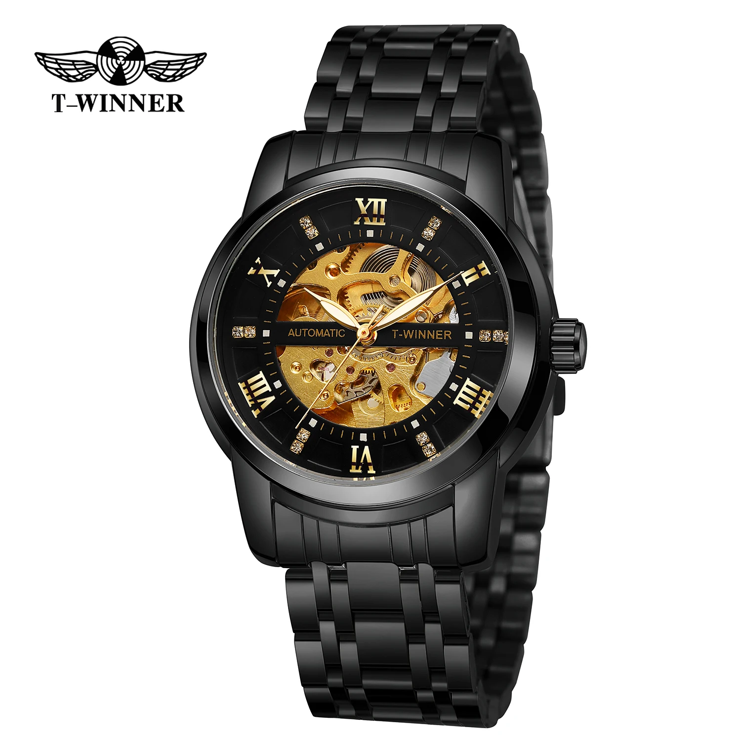 

T-WINNER модные спортивные мужские часы скелетон автоматические механические светящиеся указатели со стразами деловые наручные часы из нержавеющей стали