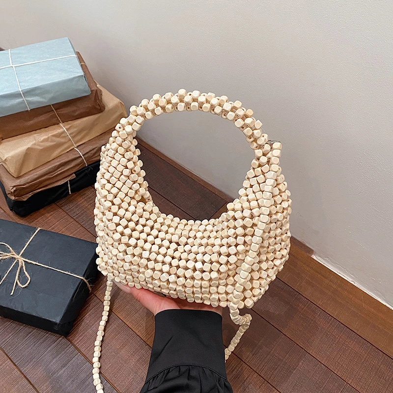 

Wooden Beaded Woven Dumpling Bag Women Summer Handmade Crossbody Bag Casual Beach Shoulder Bag Minimalist Design Travel Handbag