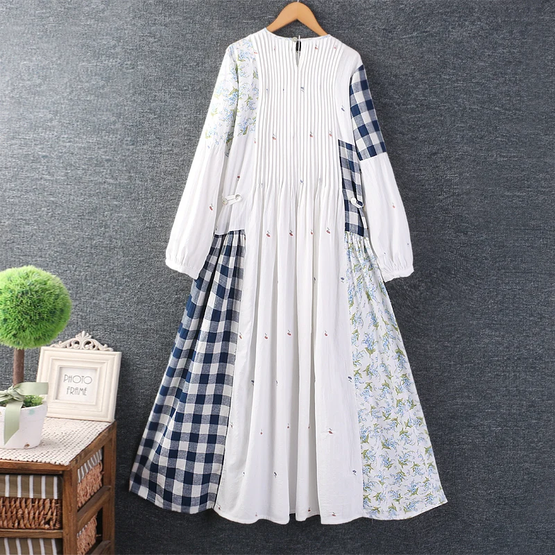 Autumn New Sweet Round Neck Floral Plaid Dress Women Long Sleeve Midi Dress DD8370