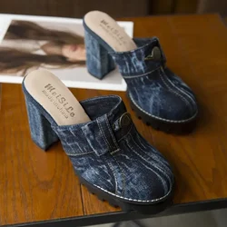 2024Women Sexy High Heel Slippers Thick-heeled Denim Ripped Toe Head Slippers Height Increasing Toe Shoes