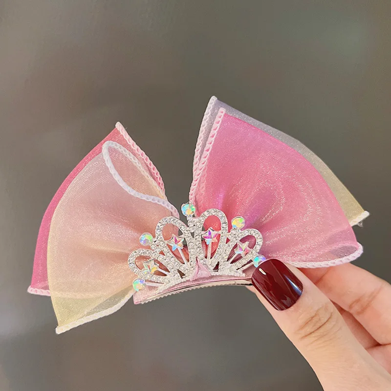 Pastel Rainbow Hair Bows Gradient Color Princess Crown Hair Clips Standing Bowknot Hairpin Kids Barrette Korean Hair Accessories