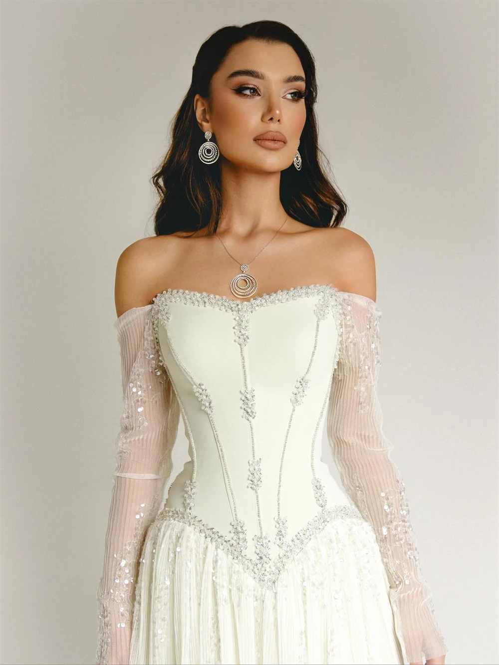

Elegant Off Shoulder Sheer Long Sleeve Evening Dress Sequined A Line Formal Occasion Party Gown for Women Customized