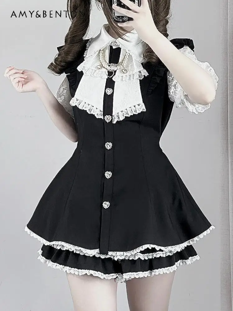 

Japanese Mine Series Mass-produced Subculture Suit Sweet Lace Printing Short-sleeved Pearl Lapel Mini Dress Shorts Two Piece Set