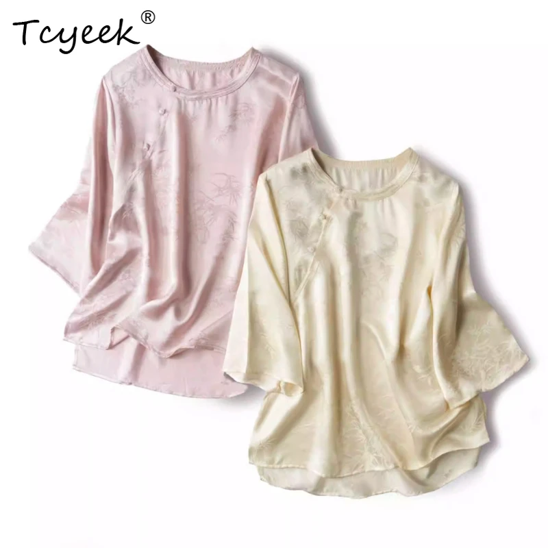 

Tcyeek 100% Mulberry Silk Summer Thin National Style Bamboo Leaf Round Neck Three Quarter Sleeve Solid Color Women's Shirt 셔츠