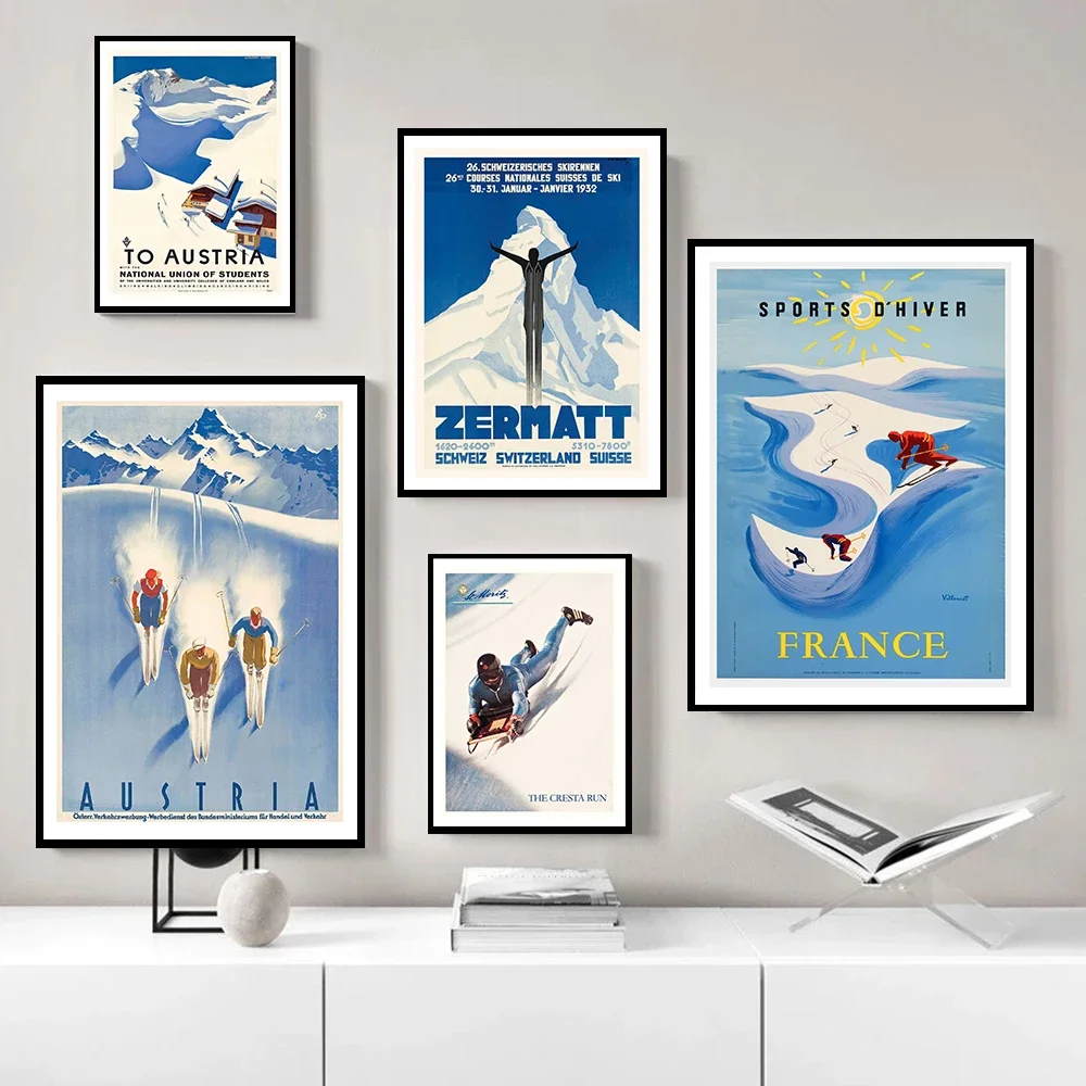 Vintage Zermatt Chamonix Skiing Poster Print Retro Australia France Ski Canvas Painting Wall Art Travel Picture Home Room Decor