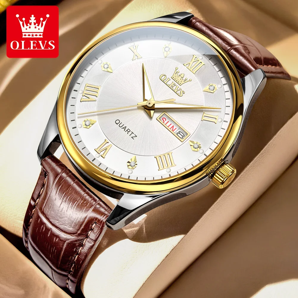 OLEVS 3649 Mens Watch Original Casual Fashion Quartz Watch Waterproof Luminous Week Date Watches For Man And Woman Leather Strap