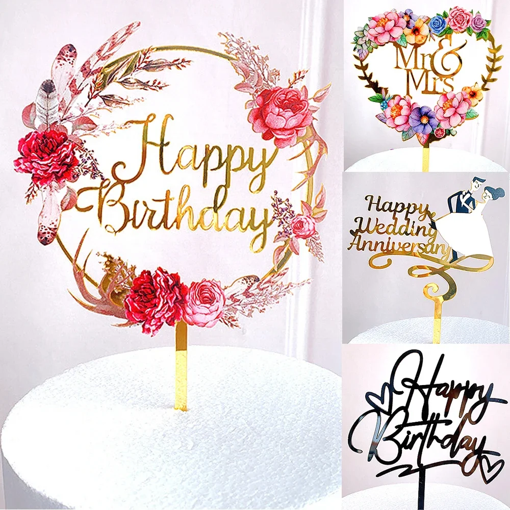 New Flowers Cake Topper Happy Birthday Gold Silver Birthday Party Cake Insert Acrylic Cake Decoration Wedding Cakes Dessert Deco