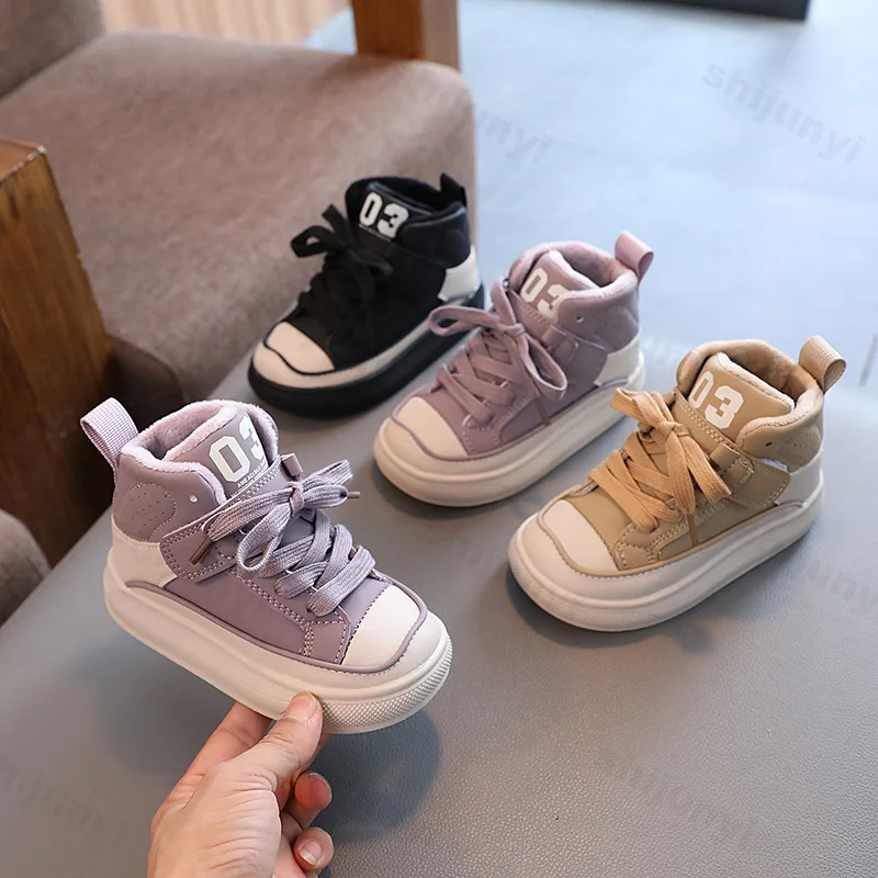 

2025 Winter New Boys' Warm Plush High Top Thick Sole Snow Shoes Childrens' Fashion Soft Hairy Comfortable Chunky Cotton Sneakers