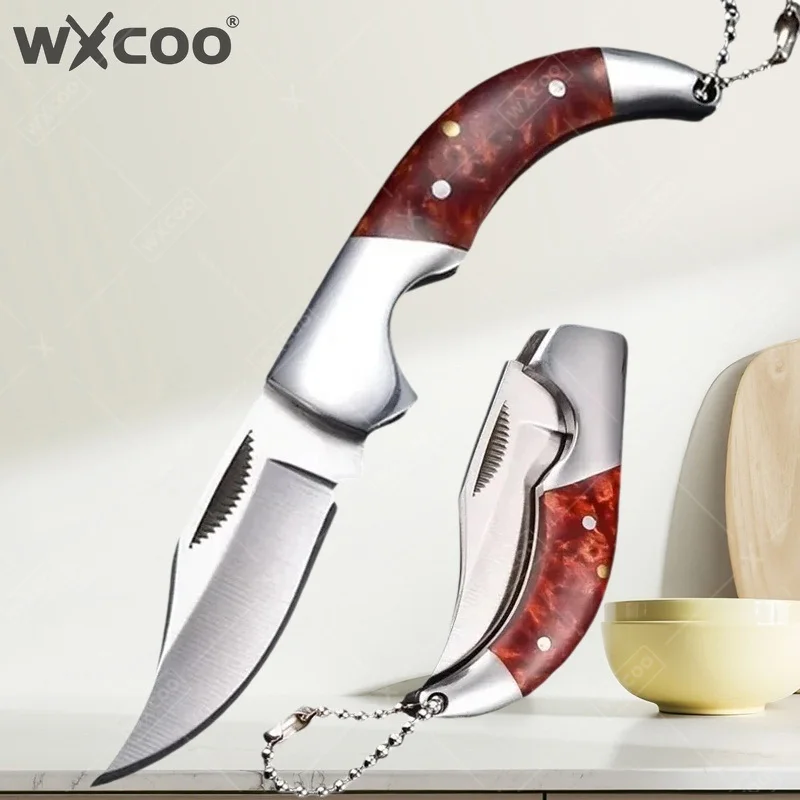 WXCOO Stainless Steel Folding Knife Fruit Paring Knife for Kitchen Accessories Pocket Knife Mini Keychain Resin Handle Cooking