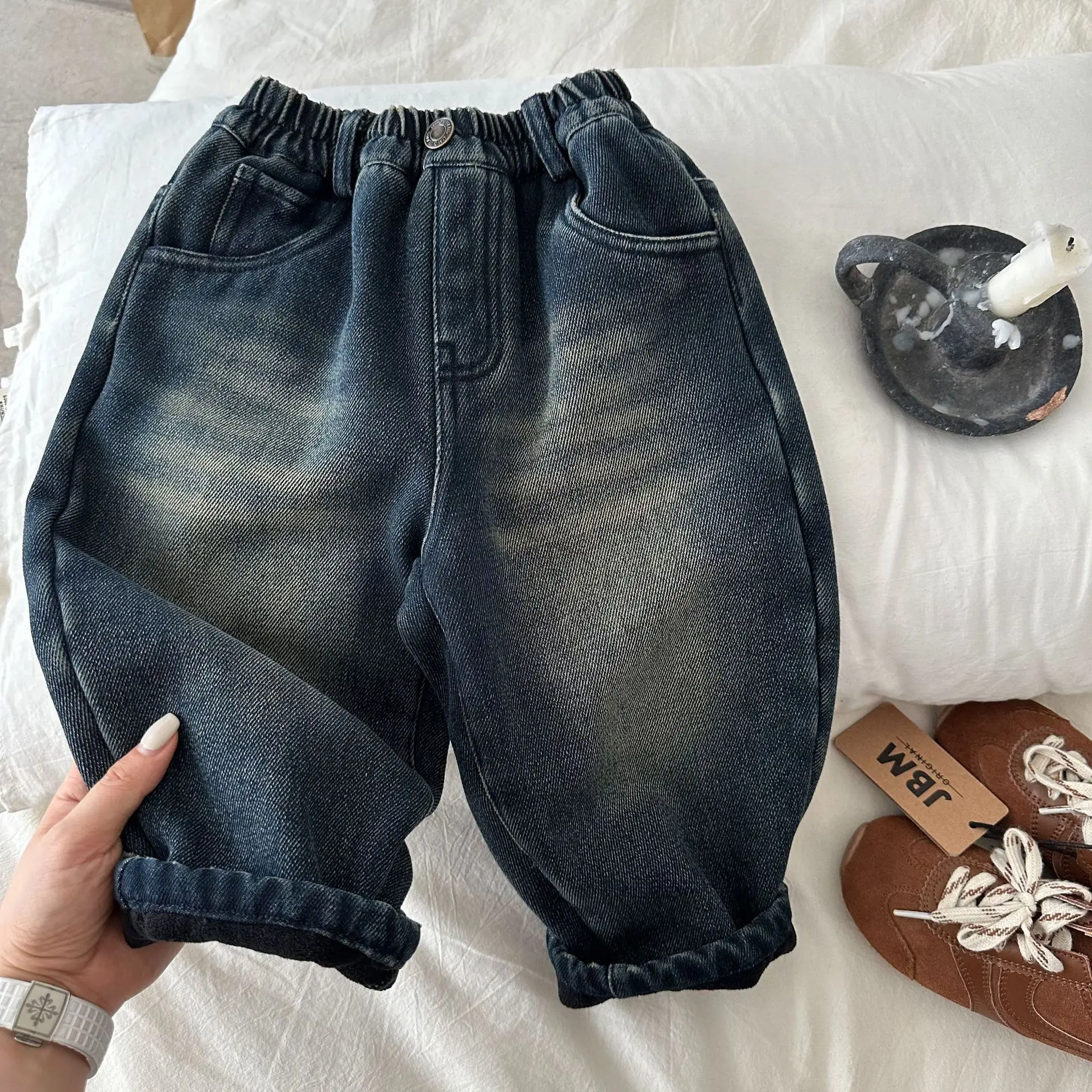 

Children's trousers 2024 autumn new boys and girls retro elastic jeans baby thickened casual pants
