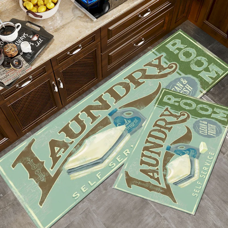 VIKAMA Retro Laundry Room Letter Printed Carpet Kitchen Non Slip Water Absorbing Floor Mat Wood Grain Floor Mat Home Decoration