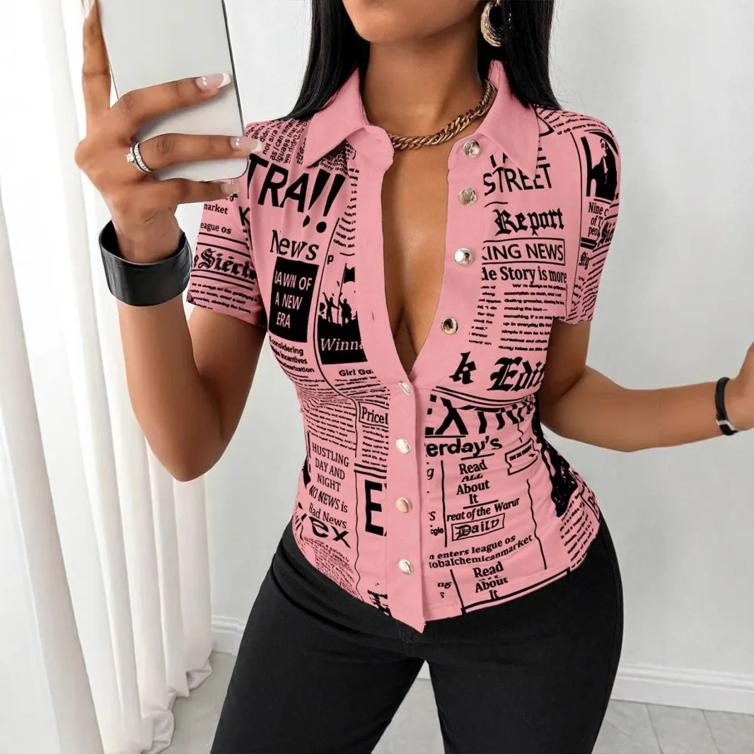 

Women's Elegant Blouses Summer Fashion Newspaper Pattern Print Single Breasted Short Sleeve Women Shirt V-neck Casual Tops Shirt