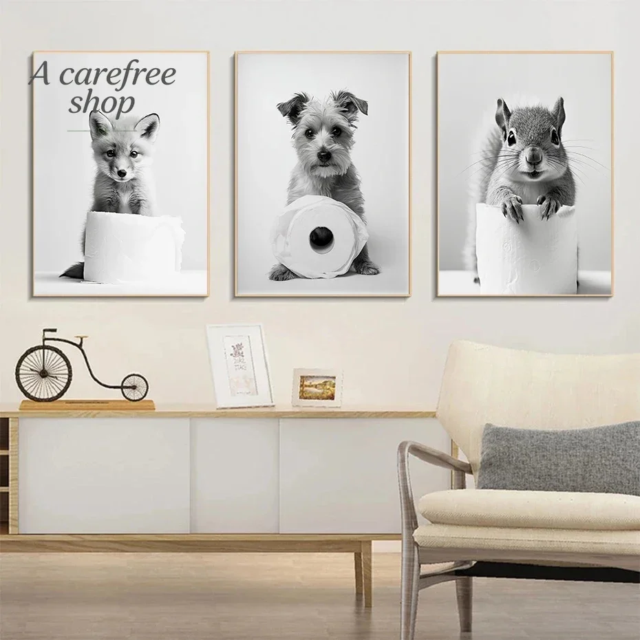 Vintage Black & White Funny Animal Toilet Paper Wall Poster Cute Pet Canvas Painting For Bathroom Restroom Home Decor