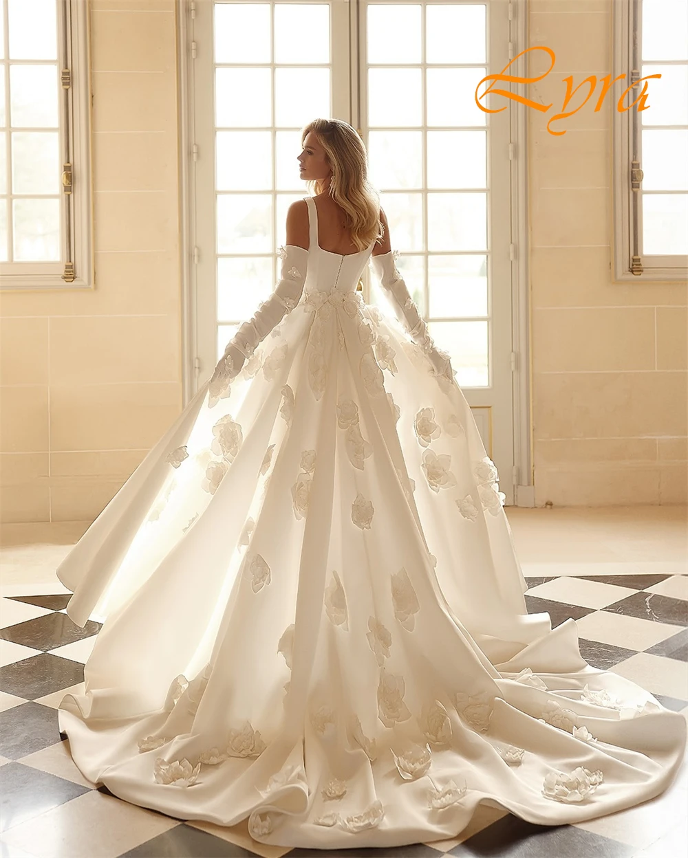 Customized Sexy V-Neck Satin Evening Dress Exquisite Flowers Chapel Train Wedding Dresses High Quality Special Occasion Gowns