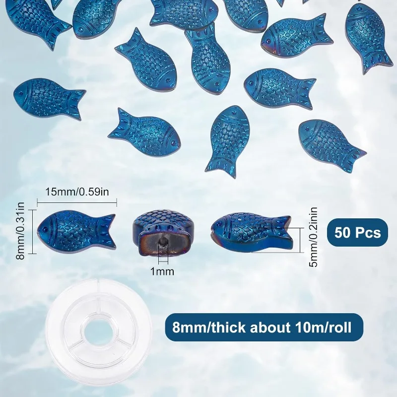 1 Box 50Pcs Fish Beads Sea Ocean Animal Electroplated Glass Bead Carved Frosted Blue Beads for Jewelry Making Elastic Thread view 2