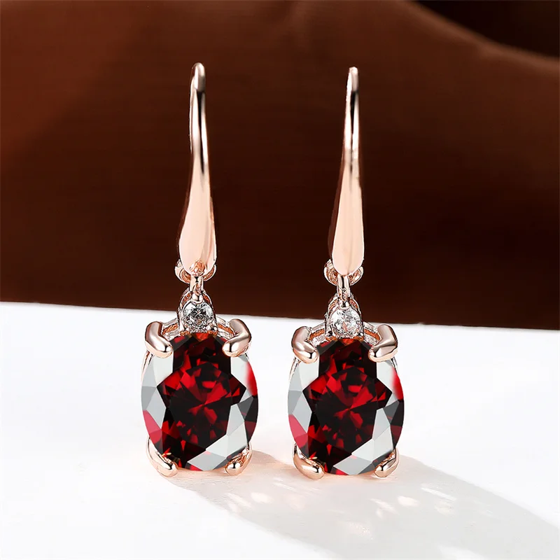 Female Crystal Green Red Oval Stone Zircon Earring Rose Gold Color Long Dangle Wedding Jewelry For Women