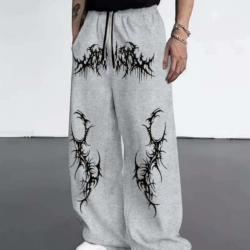 

Men's Gothic Dark Style Casual Jogging Pants, Loose Straight Drawstring Waist Long Pants, All-Season Jogging Pants
