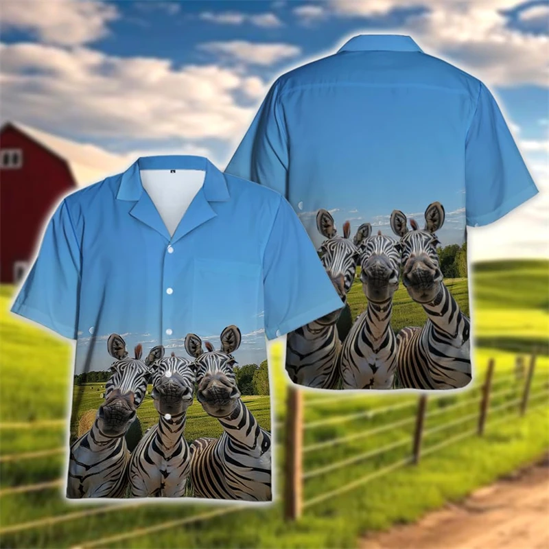 

Farm Animal Zebra Giraffe Graphic Shirts For Men Clothes Kawaii Girls Short Sleeve Llama Animals Lapel Blouse Funny Unisex Tops