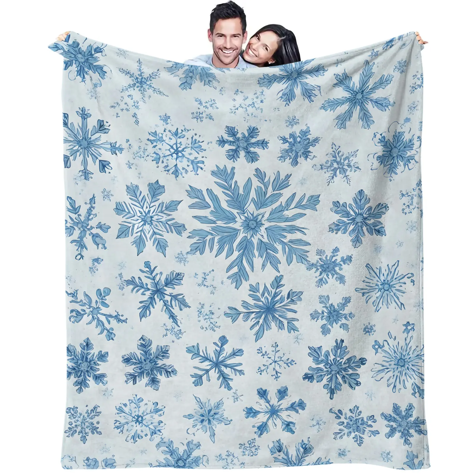 Vintage Blue Hand Drawn Snowflake Flannel Throw Blanket Sofa Couch Bed Travel Camping Plush Blanket Xmas New Year Holiday Gift