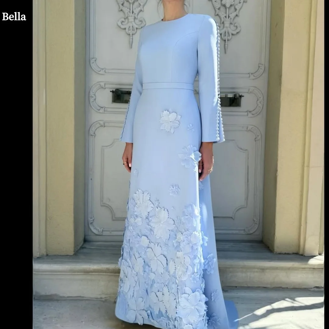 

Bella Customize Синие атласные халаты трапециевидной формы с длинными рукавами, эластичные платья для выпускного вечера в четырех направлениях, свадебное платье длиной до пола, 2025 г.