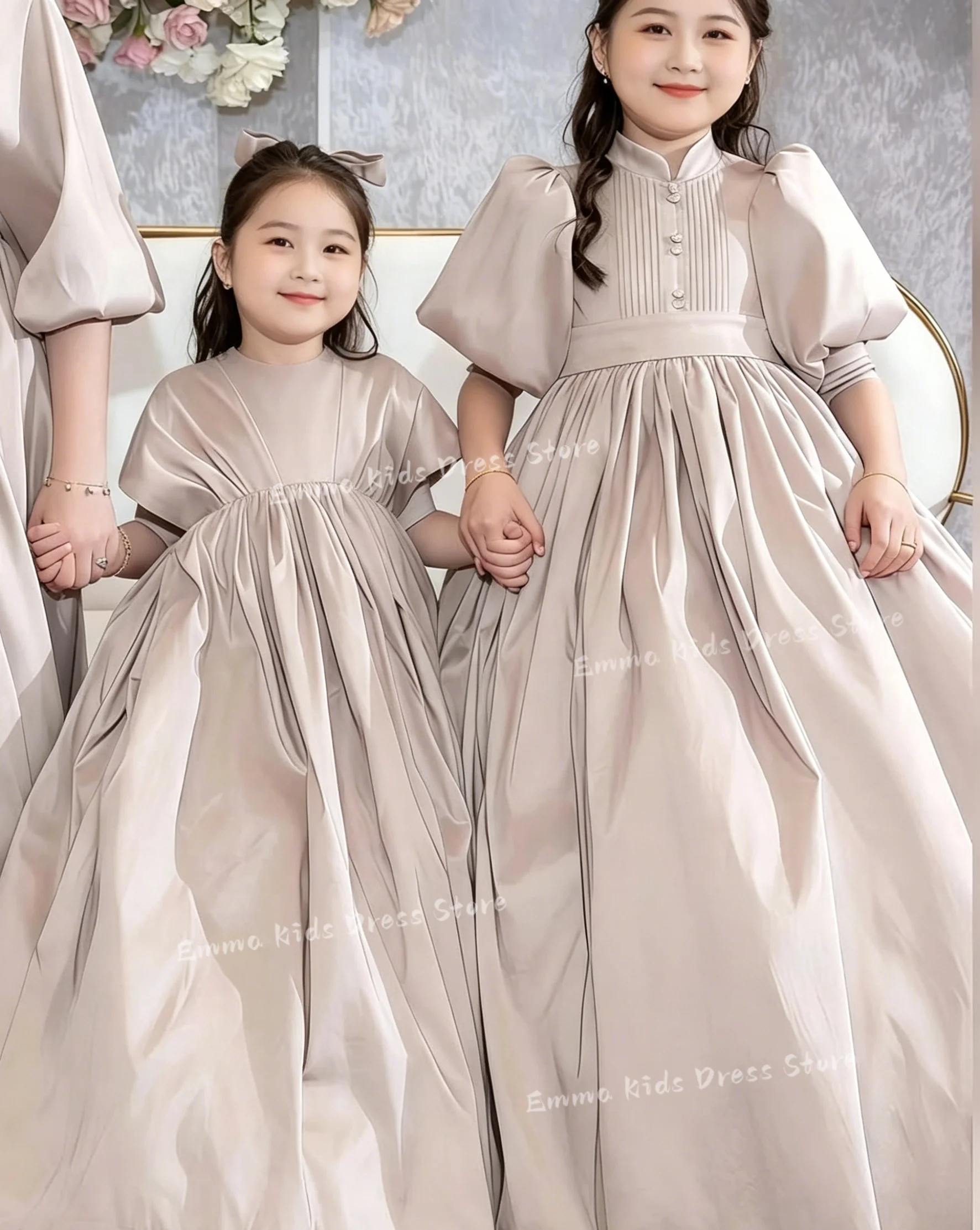 Custom Elegant Flower Girl Dress with Embroidered Lace Bow, Short Sleeve Princess Birthday Party Communion Dress