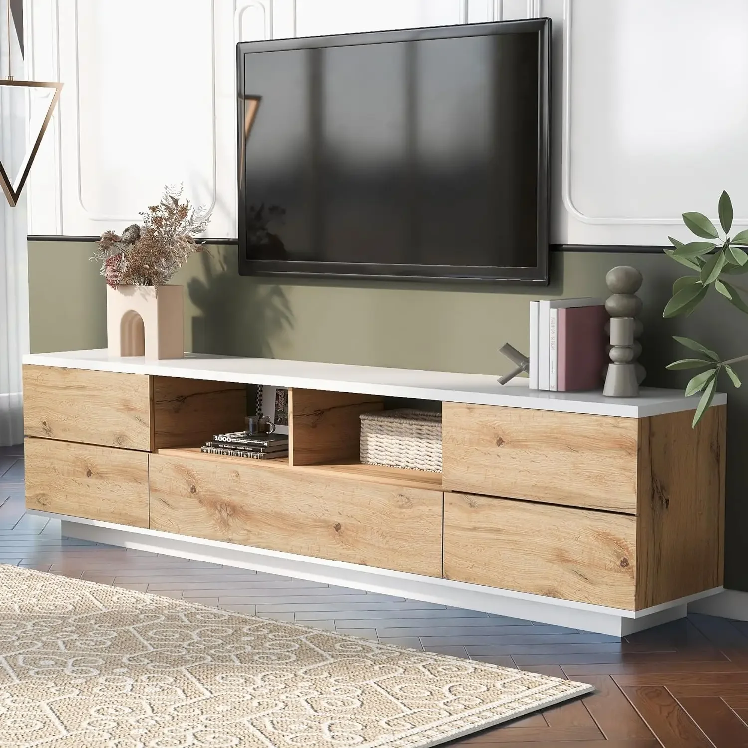 Modern TV Stand with 3 Cabinets Open Shelves Minimalist Wooden Entertainment Center for TVs Up to 80 Sturdy TV Console Living Ro