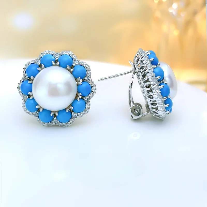 

Desire Luxury Palace Style 925 Silver Mother Shell Pearl Earrings Inlaid with High Carbon Diamond Turquoise Temperament Female