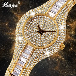 MISSFOX Baguette Diamond Women Watches Luxury Ladies Gold Wristwatch Shockproof Waterproof Small Womens Watch For Female Clock