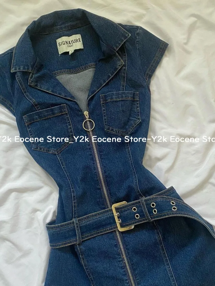 American Retro Black Denim Short Dress Women Summer Zipper Elegant Slim One Piece Dress Korean Fashion Design Casual Clothing - Image 5