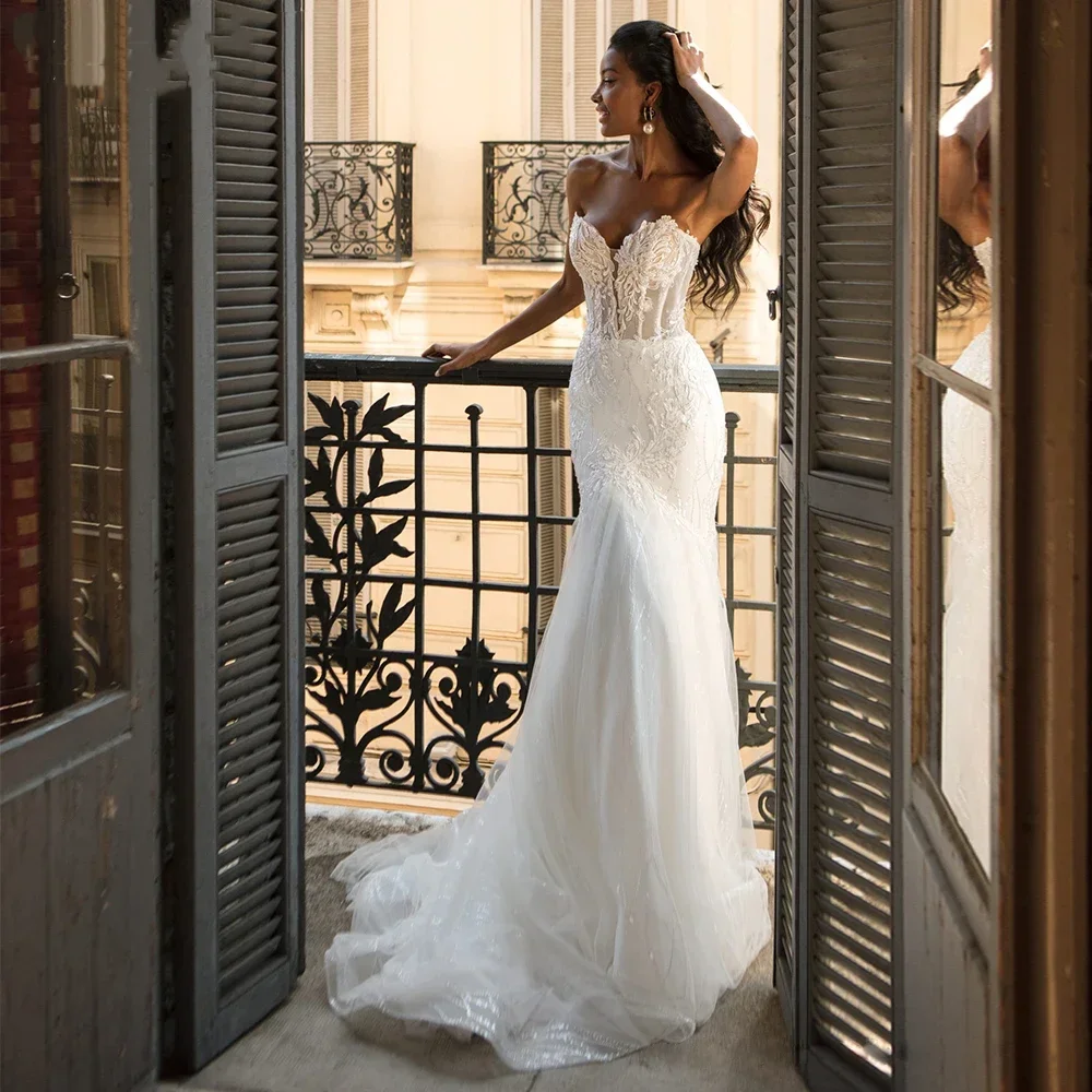 Charming Sweetheart Lace Mermaid Wedding Dress Shining Stickers Decal Bridal Dress Palace Train Robe Customization