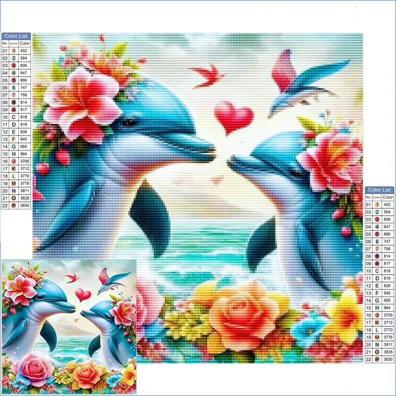 

New Diamond Paintings 2025 Paint By Diamond Beautiful Dolphins With Colorful Flowers Diamond Art Clearance Sale Crafts Adults