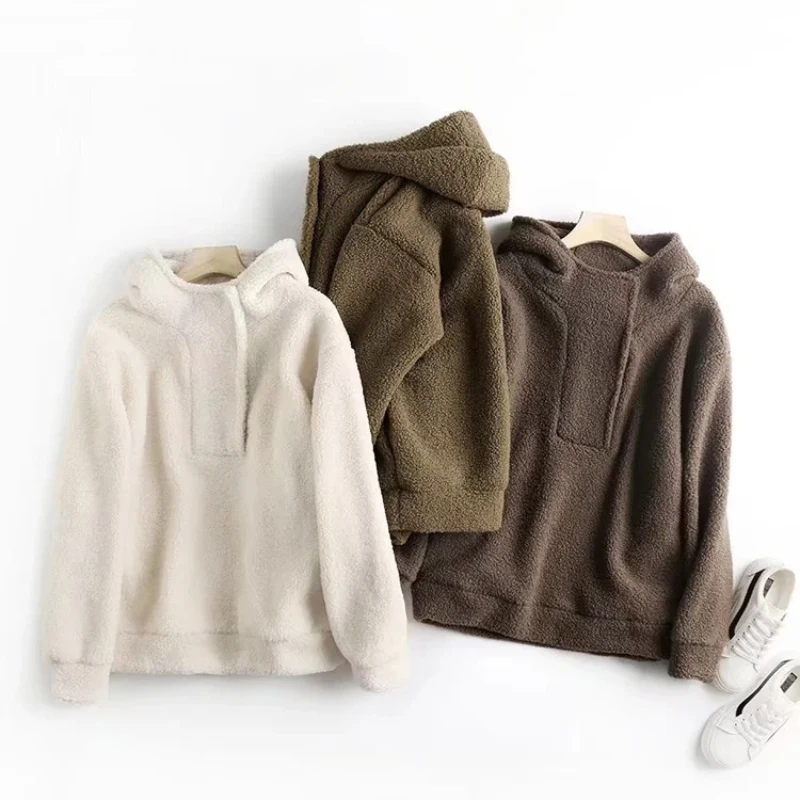 

Women's Lambswool Solid Color Hooded Sweatshirts Fall Winter Harajuku Casual Pullovers Female Thick Fleece All-Matched Hoodies