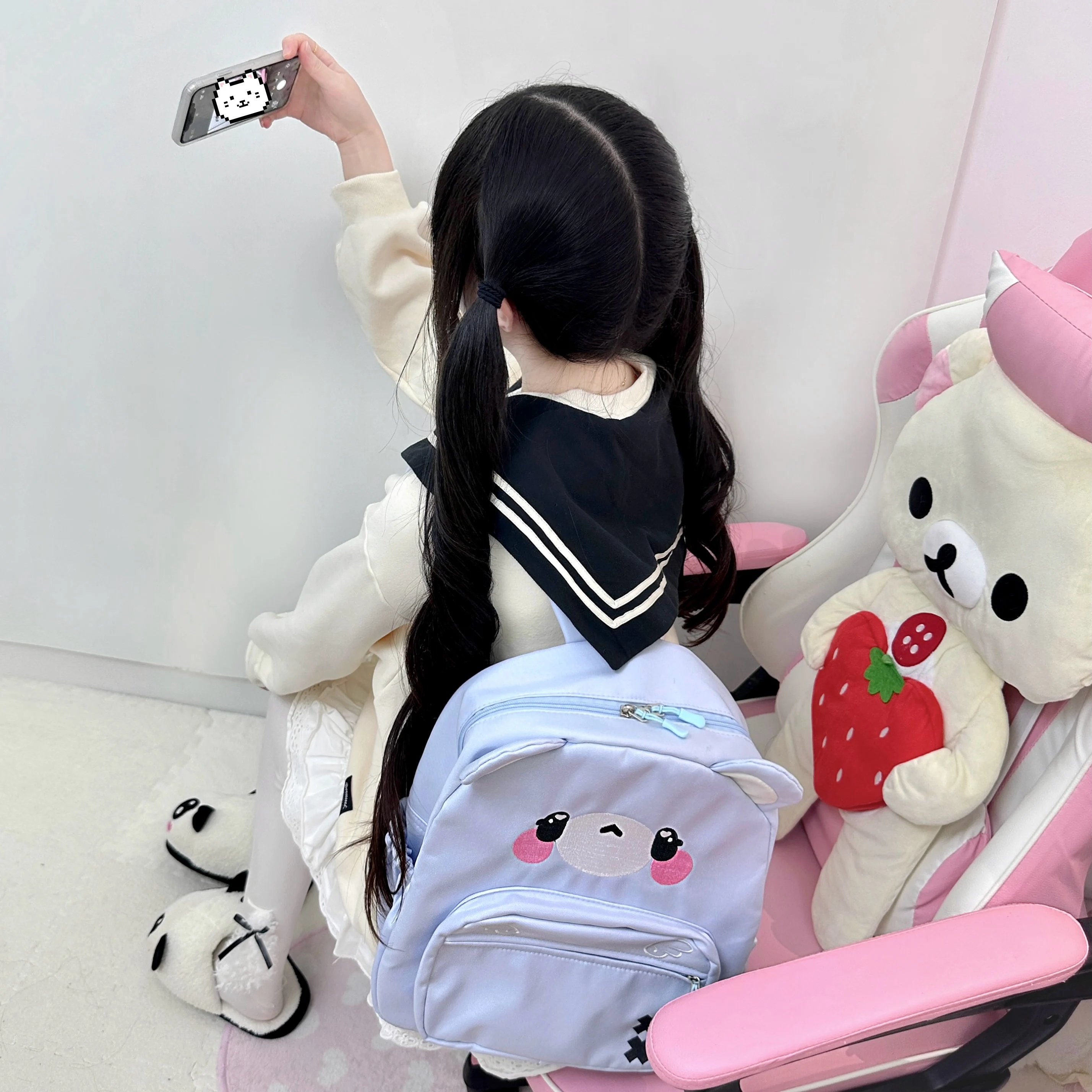 Cute Japanese Style Soft Girl Embroidered Watercolor Bear Female Student Daily Backpack School Bag Kawaii Backpack Women