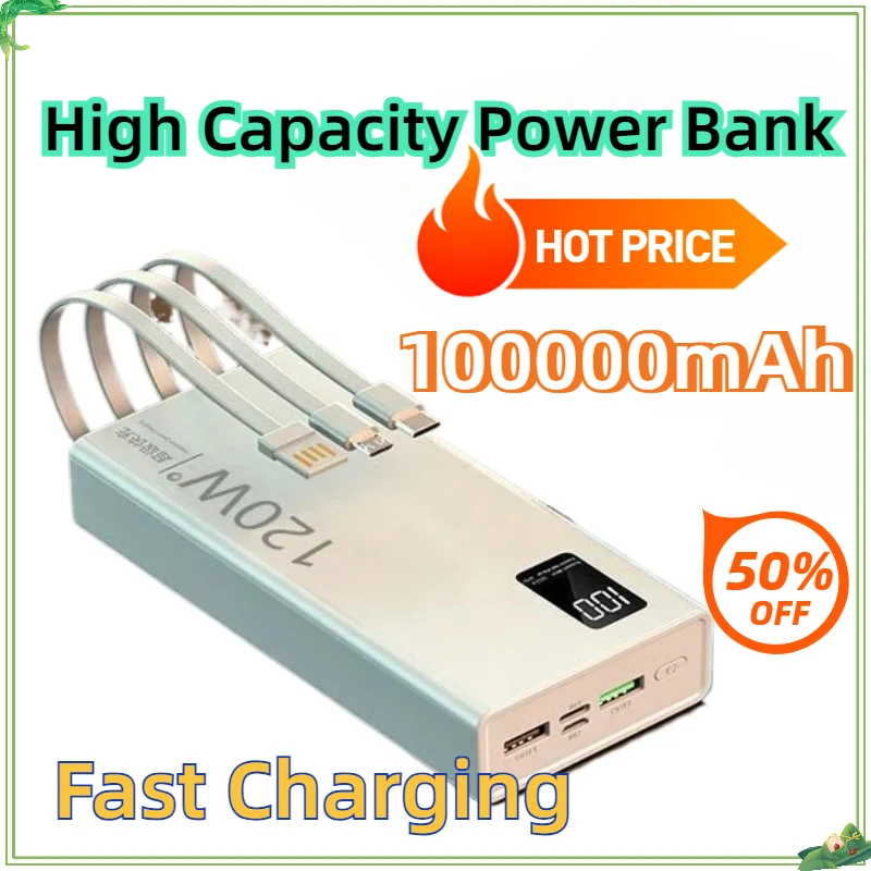 

For IPhone Samsung HuaweiXiaomi 120W 100000mAh High Capacity Power Bank 4 in 1 Fast Charging Powerbank Portable Battery Charger