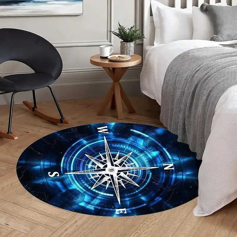 Compass Rose Blue Tech Round Rug Navigation Theme Floor Map Study Room Decor Adventure Seeker Gift Modern Style