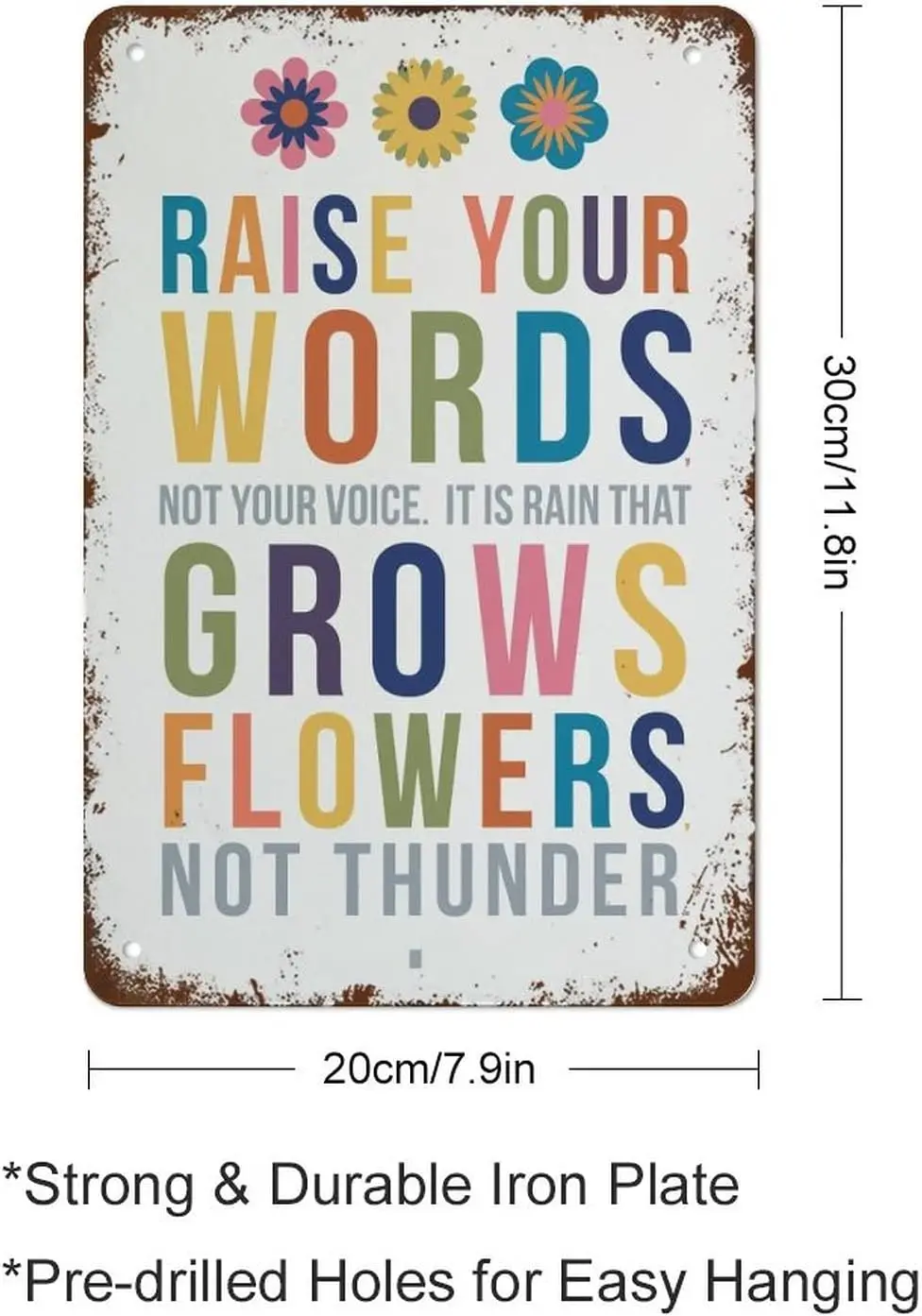 Raise Your Words Not Your Voice Printable Art It Is Rain That Grows Flowers Not Thunder Rumi Quote Vintage Tin Sign