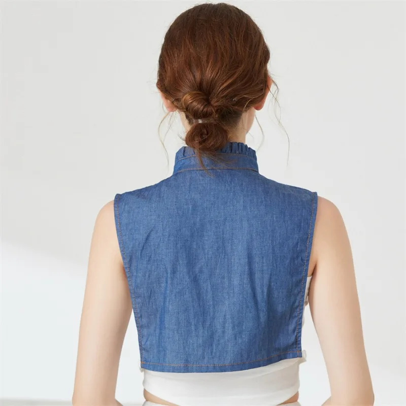 Nouveau Denim bleu faux col chemise femmes à volants faux colliers détachable revers demi-chemise cravate dames faux col de chemisier