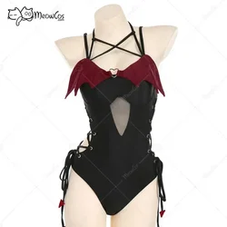 Meowcos Women Swimming Costume Devil Tail Gothic Swimsuit Hollow Claret Red Wings Halter Neck Cutout One-Piece Swimwear