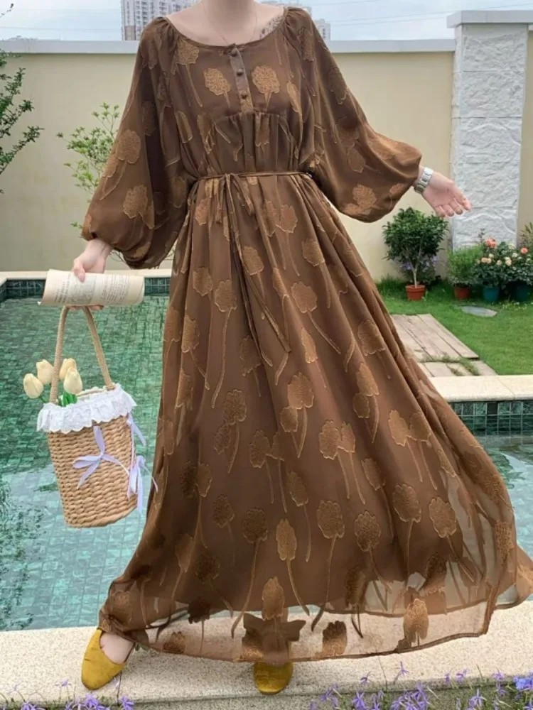 Sukienki maxi damskie Lemongor z żakardową tkaniną w kwiaty, na ramiączkach, z dekoltem w serek, bufiastymi rękawami, luźne, eleganckie, codzienne sukienki na imprezę, wakacje, długa sukienka, nowość 2025