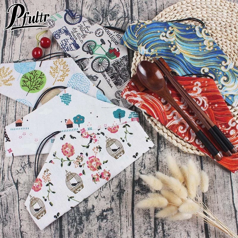 Portable Tableware Bag Japanese Printing Reusable Drink Straw Chopstick Cutlery Pouch Drawstring Bag Cutlery Bag For Spoon Fork