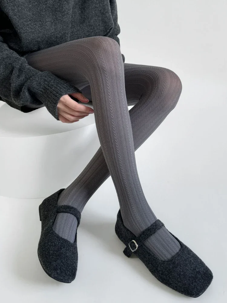 2025 New Gray Slim Leggings Women Cotton Solid Thin Sexy Versatile Leggings Retro Vertical Grain Wheat Ear Jacquard Pantyhose