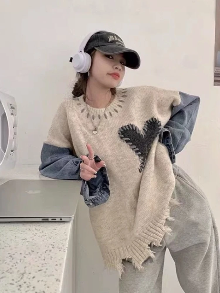 

Korean Sweet Heart Sweaters Mujer Denim Patchwork Long Sleeve Tops Women Harajuku Vintage Hole Knitted Pullover Sueter