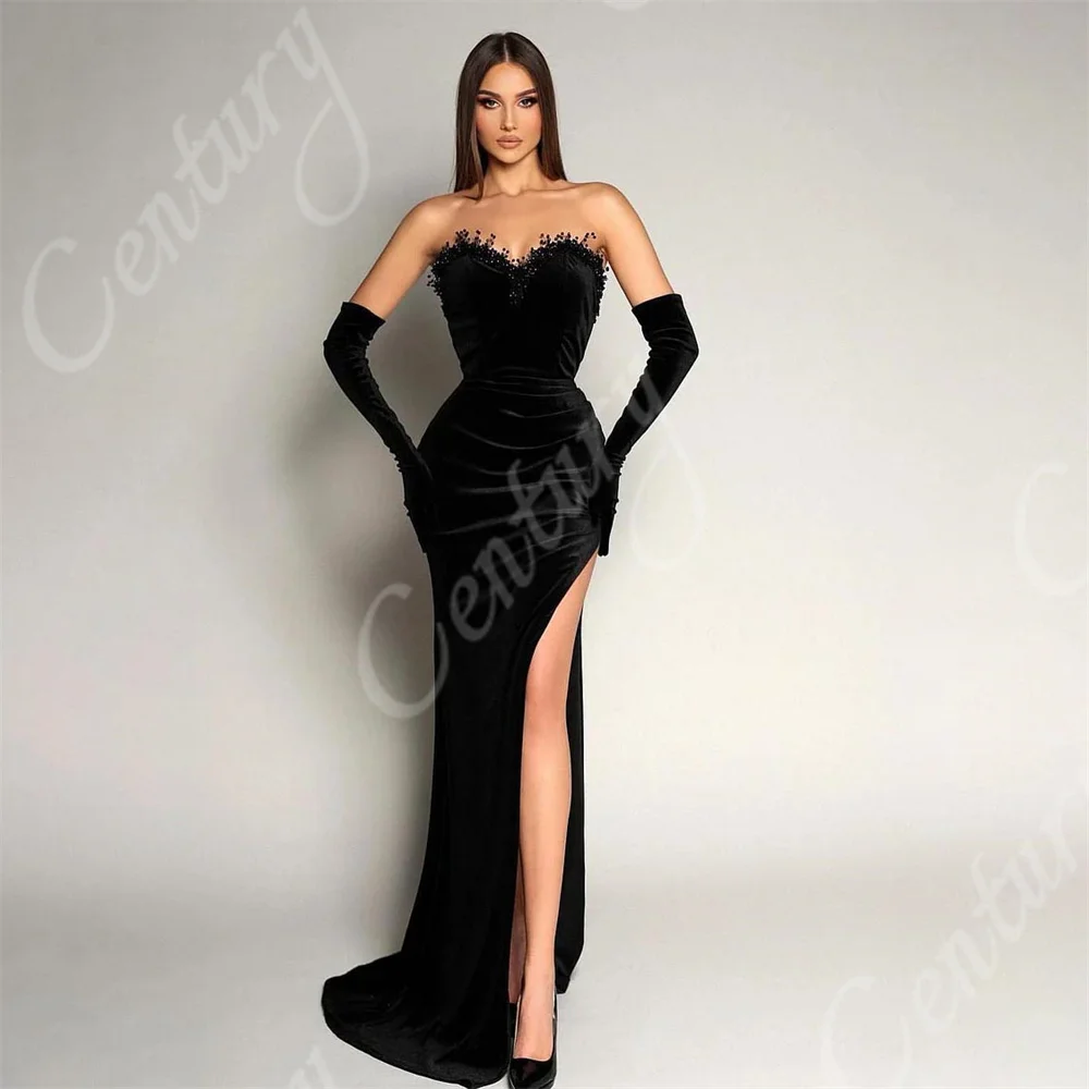 

Customized Side Slit Evening Dresses Velet Removable Sleeves Prom Dress Mermiad Formal Occasion Wedding Party Gown Robe Soiree