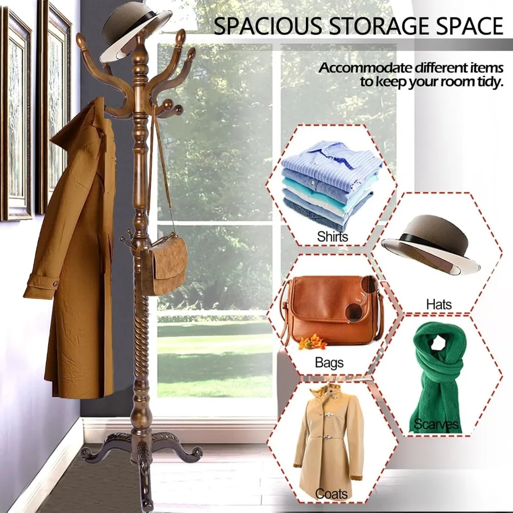 رف معطف قائم بذاته مع 11 خطافًا، حامل مدخل من الخشب الطبيعي، رف معطف على شكل شجرة بارتفاع قابل للتعديل، طويل القامة 74