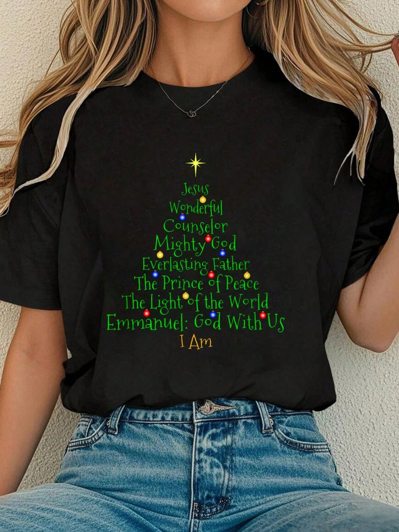 

Women's Comfortable Christian Christmas T-Shirt with Bible Jesus Name Tree Design Quality Material for Holiday Wear
